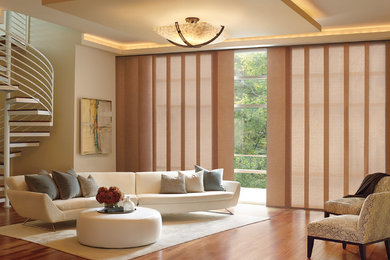 Living room - large contemporary formal and open concept dark wood floor living room idea in Cleveland with beige walls, no fireplace and no tv