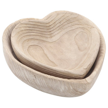 Wood 2-Piece Set Heart Bowls, Natural
