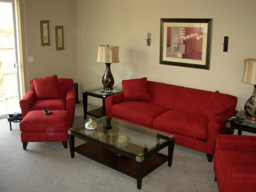 I Threw Caution To The Wind And Bought Salsa Red Livingroom Furniture Now Am Stuck On Choosing A Wall Color Have Incorporated Gold Green In - What Color Walls With Red Sofa