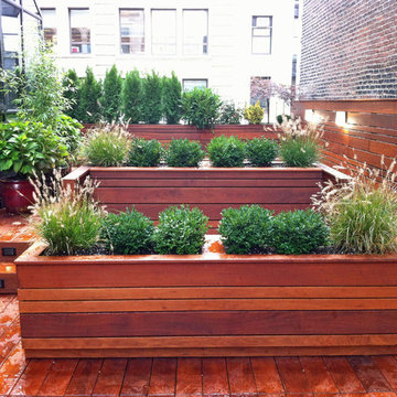 NYC Roof Garden: Terrace Deck, Wood Planter Boxes, Fence, Container Garden, Ipe