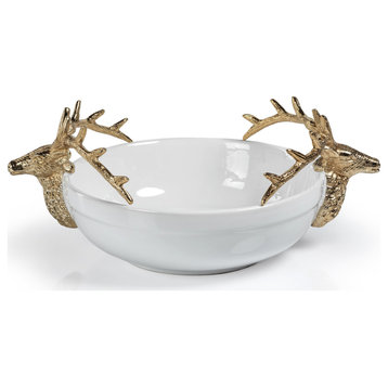 Alberg Ceramic Bowl With Gold Stagg Head Design, Medium