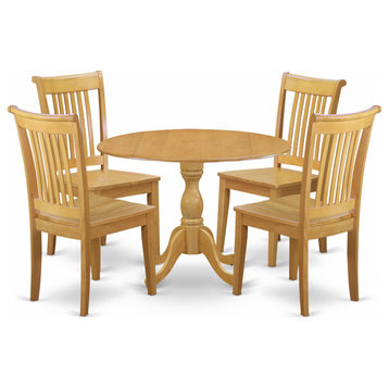 5 Pc Wooden Dining Set Oak Table, 4 Oak Wood Chairs, Slatted Back Oak Finish