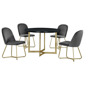 Round 45 x 45 5pc Dining Set with Black Wood Top and Gray Velvet Chairs