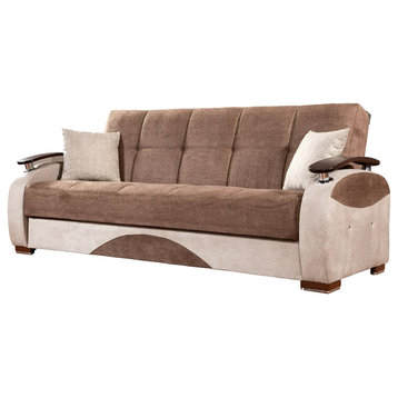 Modern Sleeper Sofa, Microfiber Seat With Raised Rounded Wooden Arms, Brown