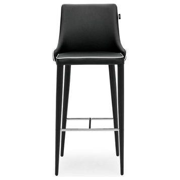 Jillian Black with White Piping Leatherette Bar Stool with Stainless Steel Base