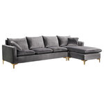 Meridian Furniture - Naomi 3-Piece Velvet Upholstered Reversible Sectional, Gray - Bring glamour to your living room or den with this Naomi Grey Velvet Sectional. This striking set blends the modern with the traditional for a look that wows from every angle. Luscious velvet provides a neutral element to your room, ensuring its easy fit with existing furnishings. Choose from either set of legs, both gold and chrome, to customize the sectional to your specific tastes. Pillows come with this sectional, adding to its welcoming feel.