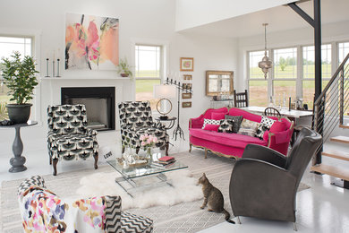 Example of a huge trendy loft-style white floor and painted wood floor living room design in Nashville with white walls, a standard fireplace, no tv and a wood fireplace surround