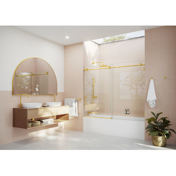 68-72"x60" Frameless Bath Tub Sliding Shower Door, Satin Brass