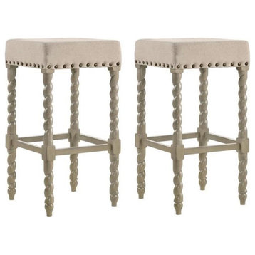 Home Square 2 Piece Linen Bar Stool Set with Wood Base in Weathered Gray