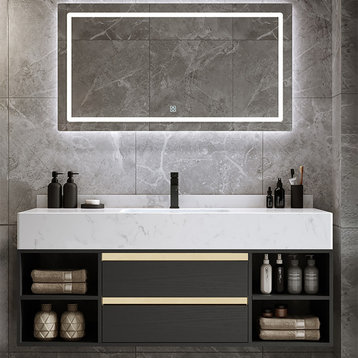 40" Black Floating Bathroom Vanity Set with Ceramic Sink 2 Drawers & Shelves