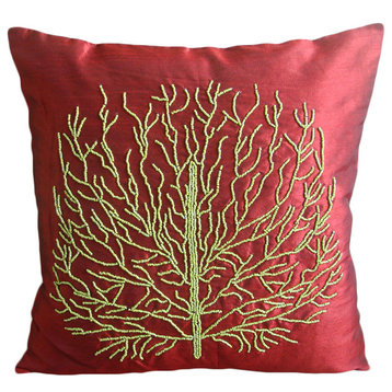 Beaded Green Tree 24"x24" Silk Red Pillow Shams, Tree Of Joy