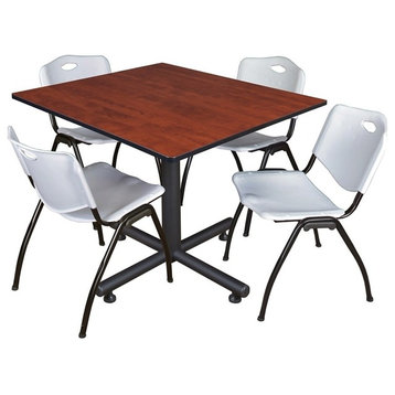 Kobe 48" Square Breakroom Table, Cherry and 4 'M' Stack Chairs, Gray