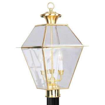 3-Light Outdoor Post Lantern, Polished Brass