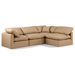Meridian Furniture - Indulge Upholstered Modular L-Shaped Sectional, Tan, 4-Piece: 2 Armless Chair, 2 Corner Chair, Fiber Stuffed Vegan Leather - Experience ultimate comfort and style with our tan vegan leather Indulge Sectional. The luxurious vegan leather will elevate the aesthetic of any room. This sofa provides ample space for you to relax while its modular build offers the option of unlimited configurations. Whether you're looking to add a stylish element to your living room or a comfortable seating option to your bedroom, this sofa is the perfect choice.
