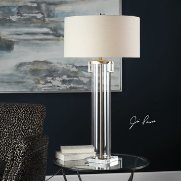 Clear Tall Cylinder Column Acrylic Table Lamp, Transparent Gold White 40"H