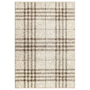Transitional Area Rug, Polypropylene With Plaid Pattern, Beige, 5' X 7'