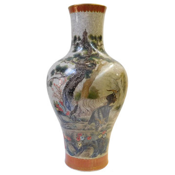 Chinese Gray Crackle 3 Rams Round Porcelain Vase