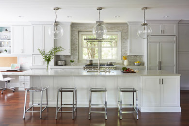 Large transitional single-wall medium tone wood floor and brown floor open concept kitchen photo in Chicago with an island, an undermount sink, paneled appliances, gray countertops, recessed-panel cabinets, gray cabinets, quartzite countertops, multicolored backsplash and glass tile backsplash