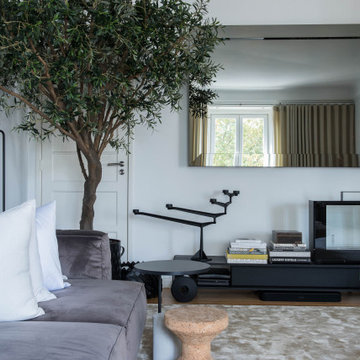 Living Room Detail with Olive Tree and Black TV Console in Lisbon