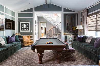 Inspiration for a transitional enclosed carpeted family room remodel in Houston with gray walls and a wall-mounted tv