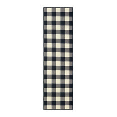 Martinique Gingham Check Black/ Ivory Indoor/Outdoor Area Rug, 2'3"x7'6"