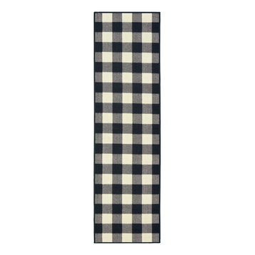 Martinique Gingham Check Black/ Ivory Indoor/Outdoor Area Rug, 2'3"x7'6"