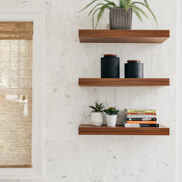 Full-Height Carrara Marble Backsplash with Walnut Shelving