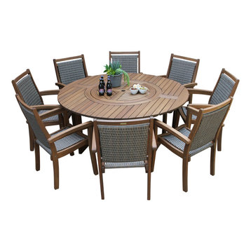 9-Piece Eucalyptus Round Lazy Susan Dining set With 8 Stacking Wicker Armchairs