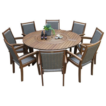 9-Piece Eucalyptus Round Lazy Susan Dining set With 8 Stacking Wicker Armchairs