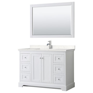 Avery 48, Single Vanity, White, Light-Vein Marble Top, SQ Sink, 46, Mirror