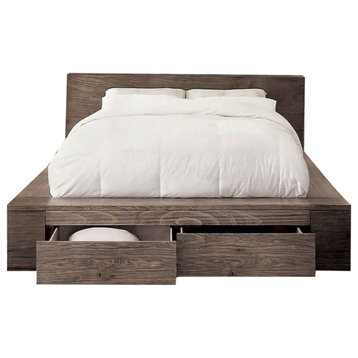 Transitional Style Wooden California King Size Bed with 2 Drawers, Brown