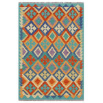 Bareens Designer Rugs - Rustic Turkish Kilim Sheree Hand-Woven Wool Rug - 3'5'' x 5'1'' - Elevate the elegance of your home with this stunning hand-woven tribal Kilim wool rug. Meticulously crafted on a loom by the Nomad Turkman people using hand-spun wool and 100% natural vegetable dyes, these rugs are recognized for their repetitive geometric patterns, incorporating naturalistic floral and traditional designs. The contemporary fashion palette results in bold, sharp patterns that are incredibly versatile, as the pattern is the same on both sides. These reversible rugs feature a lighter shade on one side and brighter colors on the other, providing versatility according to preference. These unique rugs are made by knotting short strands of different colors onto the warps and securing them by tightly pressing the wefts. The designs are created by interweaving the various colored wefts and warps. Kilims are known for their exceptional durability and versatility, making them truly unique rugs.  Product Details    Rug Size: 3'5'' x 5'1''  Material: 100% Wool  Style: Kilim, Flat Weave, Dhurrie, Turkish, Southwestern, Rustic, Tribal  Colors: Rust, Blue  Weave Type: Hand-Woven, Handmade  Pile Height: Less than 0.25 inch