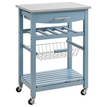 Linon Natalie Wood Stainless Steel Top Kitchen Cart in Blue