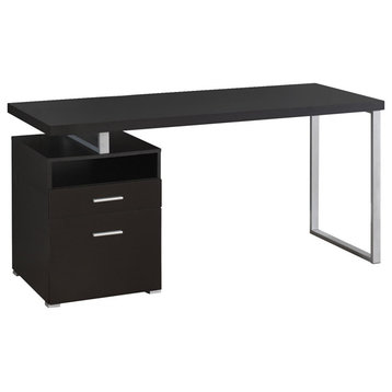 Contemporary Desk, Open Style Base With Silver Legs and Side Drawers, Cappuccino