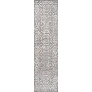 Roma Ornate Geometric Tile Rug, Gray, 2'x10'