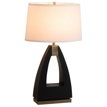 Trina Table Lamp - Wood Finish, Weathered Brass, White Linen Shade, 3-Way Switch