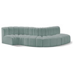 Meridian Furniture - Arc Vegan Leather Upholstered 5-Pc. S-Shaped Modular Sofa, Green - Unleash modern opulence with the Arc Vegan Leather 5pc. Sectional. Crafted for the modern connoisseur, this Sectional injects an air of refined luxury into any space. Its sleek silhouette, upholstered in supple mint green vegan leather, exudes timeless sophistication while the deep channel tufting adds textural intrigue, further elevating the chair's visual appeal. The modular design makes it a versatile chameleon, effortlessly adapting to your evolving needs and preferences. Whether you envision it gracing a chic living room corner, basking in the glow of a bedroom window, or adding a touch of drama to a home office, the Arc seamlessly complements your unique interior aesthetic.