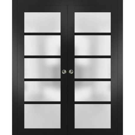 Sliding Interior Double Pocket Doors Frosted Glass|Quadro 4002 Black Matte 72x96