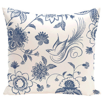 Traditional Bird Floral, Floral Outdoor Pillow, Blue, 18"x18"