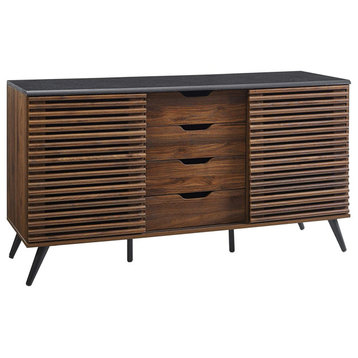 Unique Buffet Cabinet, 4 Storage Drawers and 2 Sliding Slatted Doors, Two Tones