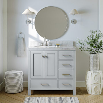 Cambridge 37" Bath Vanity, Gray With Marble Top, Carrara White/White Basin