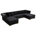 Meridian Furniture - Presley Velvet 3-Piece Sectional, Black - Get ready to relax after a long day with this Presley Black Velvet 3pc. Sectional from Meridian Furniture. Featuring rich black velvet upholstery with deep tufting and comfy pillows, this double chaise sectional provides a luxurious, cozy space to kick back and watch TV, take a nap, or curl up with a nice book. Complete sets of gold and chrome legs complement your contemporary home decor while providing solid support for the sectional's frame.
