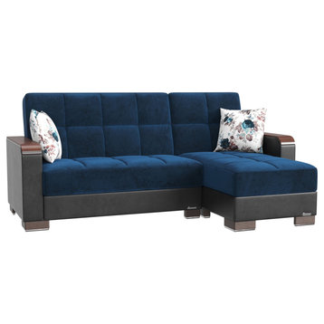 L-Shape Sleeper Sofa, Square Tufted Seat, Turquoise Microfiber/Black Leatherette