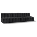 Meridian Furniture - Arc Vegan Leather Upholstered 4-Pc. Modular Sofa, Black - Unleash modern opulence with the Arc Vegan Leather 4pc. Sectional. Crafted for the modern connoisseur, this Sectional injects an air of refined luxury into any space. Its sleek silhouette, upholstered in supple black vegan leather, exudes timeless sophistication while the deep channel tufting adds textural intrigue, further elevating the chair's visual appeal. The modular design makes it a versatile chameleon, effortlessly adapting to your evolving needs and preferences. Whether you envision it gracing a chic living room corner, basking in the glow of a bedroom window, or adding a touch of drama to a home office, the Arc seamlessly complements your unique interior aesthetic.