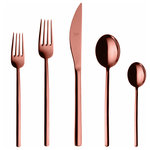 Mepra - Due Flatware Set, Bronze, 5 Pcs. - The Due collection by Mepra is flatware that exudes luxury as a lifestyle. Its cool, minimal, style is inspired by influential designers like Angelo Mangiarotti and exalted through generations of tradition, technique and superb materials. They're quite practical, too. The metal undergoes a titanium-based molecular embedding process that makes for dishwasher-safe utensils that won't corrode, oxidize or stain.