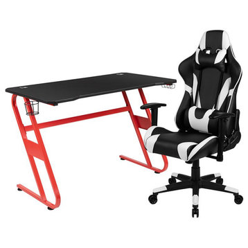 Red Gaming Desk and Black Reclining Gaming Chair Set with Cup Holder and...