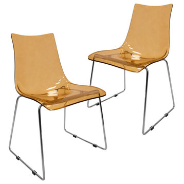 LeisureMod Lima Lucite Acrylic Dining Side Chairs, Set of 2, Amber
