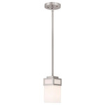 Livex Lighting - Livex Lighting Harding Brushed Nickel Light Mini Pendant - The transitional style of the Harding one light mini pendant features an eye-catching satin opal white glass shade floating inside a unique double forged square design in a brushed nickel finish.