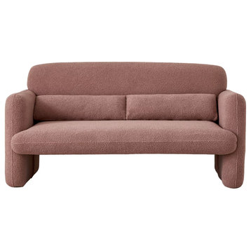 Modern Loveseat, Unique Design With Sherpa Fabric Seat & 2 Pillows, Dark Pink