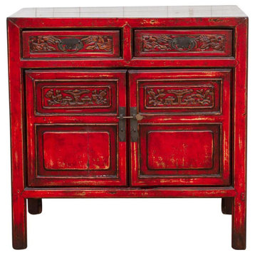 Finely Carved Red Chinese Cabinet